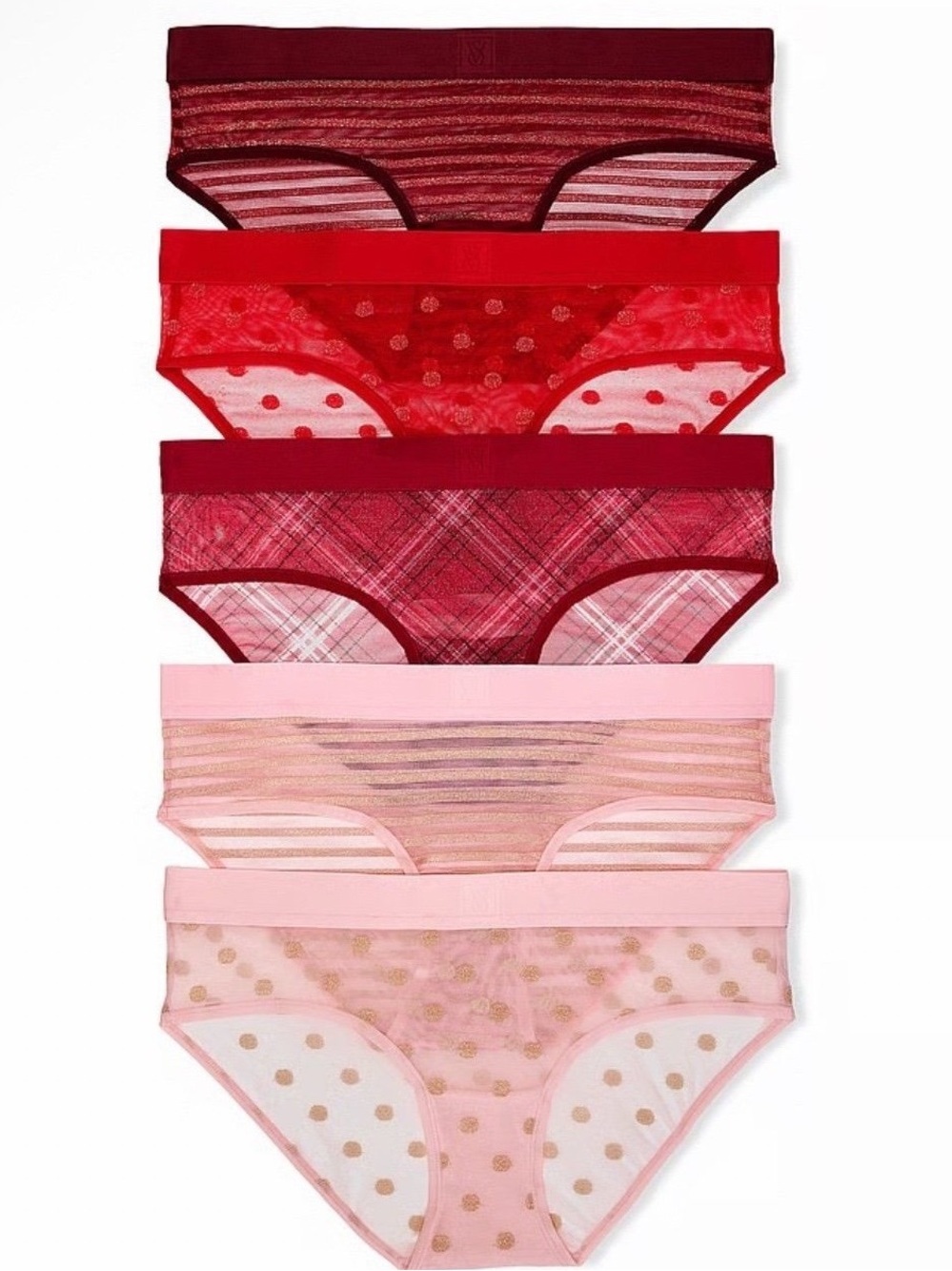 Victoria’s Secret Five Pack Sheer Heritage Shimmer HipHugger Panties Size M